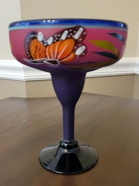 Hand-Painted Purple Margarita Glass with Orange Floral Accent